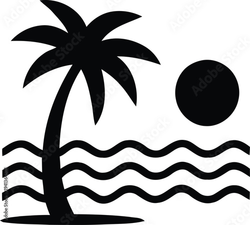 Illustration of black silhouette of a palm tree on a tropical beach with sun
