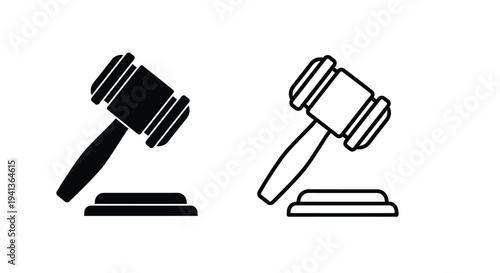 Two gavel icons one solid black one with white fill and outline