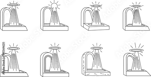Collection of stylized tombstone icons with light beams and halos, representing spiritual or afterlife concepts