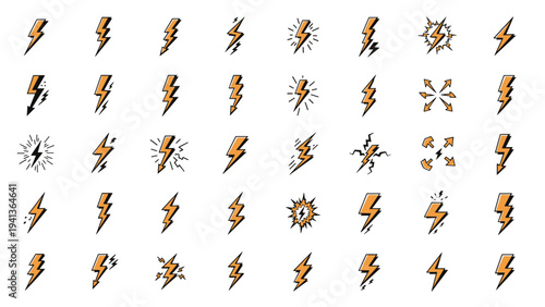 Large variety of orange and black lightning bolt icons in different styles, sizes, and orientations for energy and power symbol design.