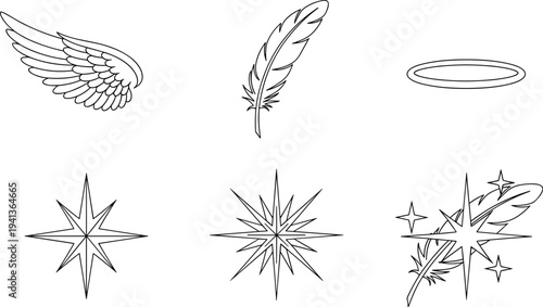 Collection of celestial and angelic line art icons including a wing, feather, halo, and stars