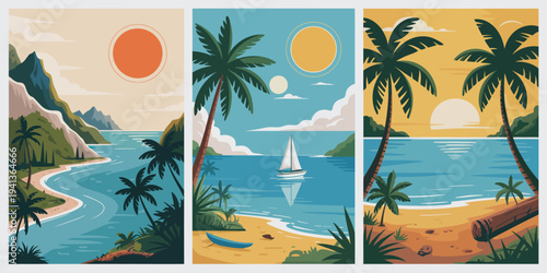 Tropical Bay Triptych Poster, winding blue bay with mountains, coral sun above coastline, palm trees along sandy shore