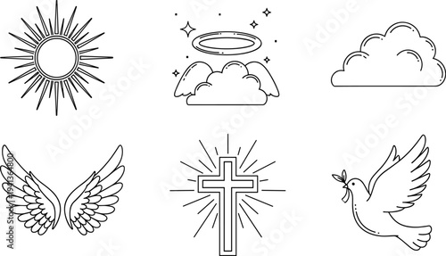 Religious symbols including sun, clouds, wings, cross, and dove line art