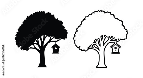 Two trees with birdhouses a black and white illustration