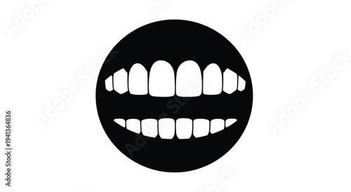 A stark black circle framing a stylized white toothy grin