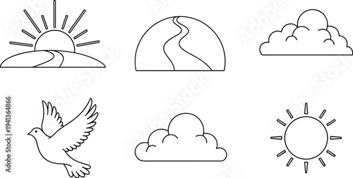 Collection of simple line art icons representing nature and hope