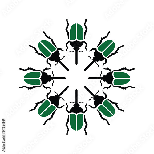 Stylized beetle pattern in circular formation with green accents