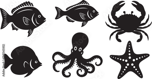 Black silhouettes of various sea creatures on white background