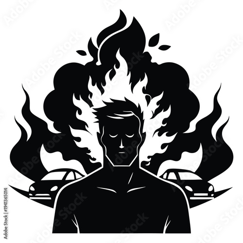 Stressed man engulfed in flames with smoke and cars symbolizing urban pressure