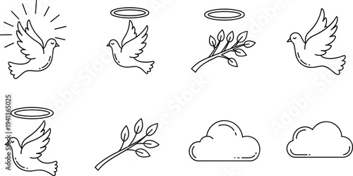 Set of simple line art icons representing peace, hope, and spirituality