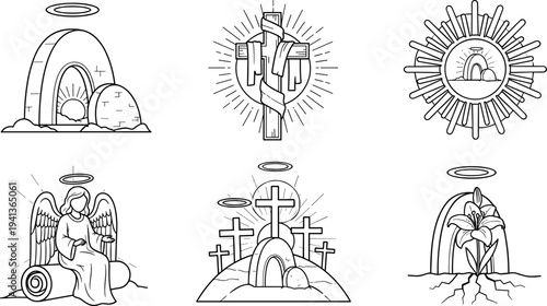 Collection of Easter resurrection symbols and religious icons in line art style