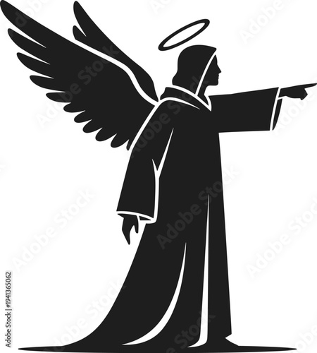 Silhouette of an angel with wings and halo pointing forward with its finger