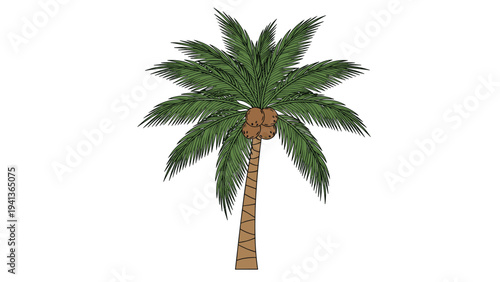 Detailed illustration of a tall coconut palm tree with green fronds and brown coconuts against a clean white background.