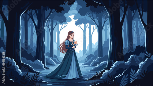 Beautiful princess in a long blue gown carrying flowers while walking through a dark mysterious forest with a bright light in background.