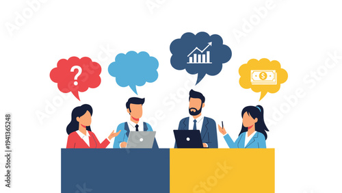 Business team sitting at a table having a discussion with speech bubbles representing questions data growth and money concepts on white.