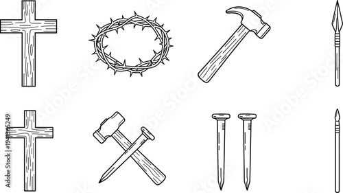 Collection of religious symbols and instruments of crucifixion, rendered in outline style