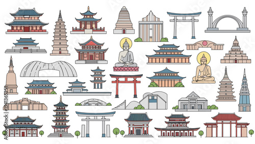 Large collection of traditional Asian architectural landmarks including pagodas temples torii gates and Buddha statues on white background.