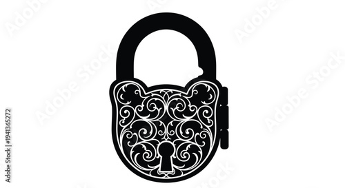 Intricate black padlock design with floral embellishments and keyhole