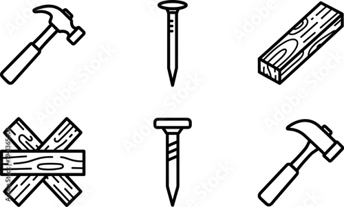 Collection of simple line art icons representing carpentry tools and materials