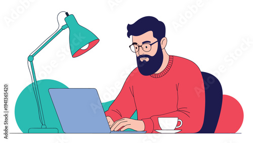 Bearded man with glasses working intently on his laptop at a desk with a green lamp and coffee cup in a modern flat illustration style.