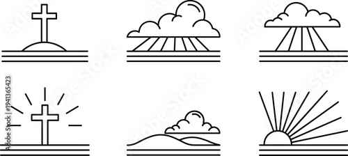 Collection of Christian and sunrise icons with simple line art style
