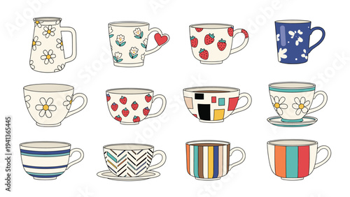 Array of decorative ceramic mugs and a pitcher with diverse patterns including flowers strawberries stripes and geometric shapes on white.