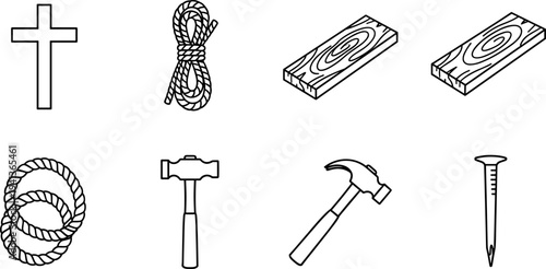 Collection of religious and construction icons including cross, rope, wood, hammer, and nail