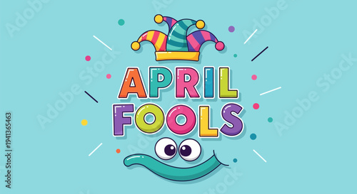 Colorful april fools' day illustration with jester hat and smiling face on light blue background