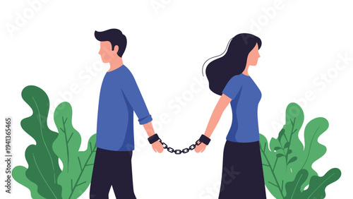 Man and woman walking away from each other while being bound together by a heavy metal chain around their wrists in a symbolic scene.