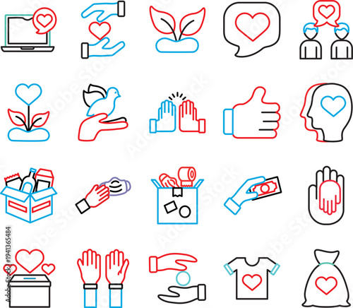 Collection of colorful line icons representing charity, donation, and kindness concepts