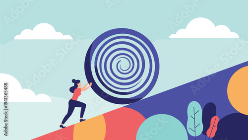 Woman pushing a heavy large ball with a spiral pattern up a colorful steep hill representing challenge persistence and hard work.