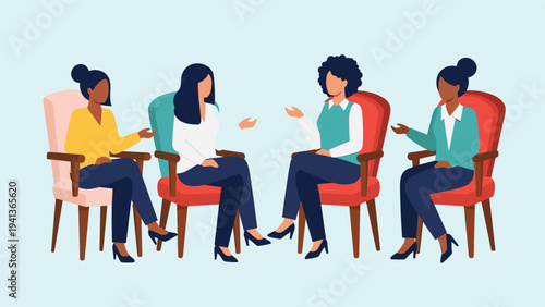 Group of four women sitting in chairs having an interactive conversation or therapy session in a modern flat vector illustration style.
