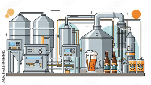 Industrial brewery plant setup with stainless steel tanks pipes control panels and finished beer products in a detailed graphic style.