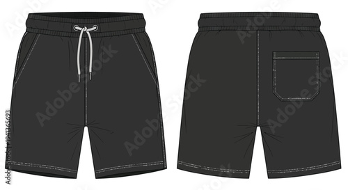 Black athletic shorts displayed with front and back views