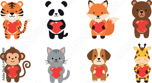 Cute animals holding heart vector set with tiger, panda, fox, bear, monkey, cat, dog and giraffe cartoon illustration