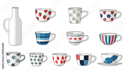 Array of decorative ceramic cups and a tall white bottle with various patterns like strawberries flowers and stripes on white background.