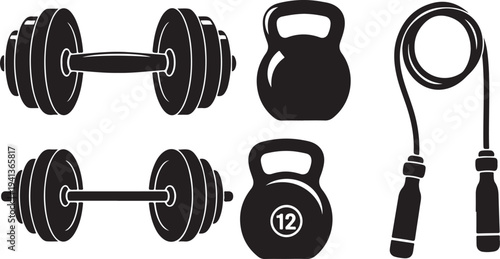 Fitness equipment icons including dumbbells and jump rope tools