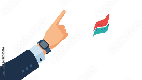 Close up of a hand in a dark suit sleeve pointing towards two abstract leaf like shapes suggesting direction or highlighting a main idea.