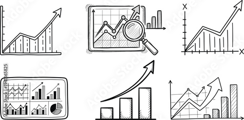 Business analytics doodle charts set, financial growth graphs hand drawn vector