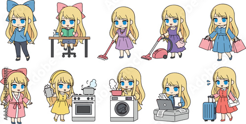 Cute anime girl daily activities vector set with cleaning, cooking, shopping, working and travel cartoon illustration