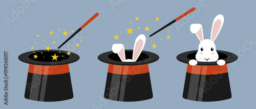 Cute white bunny emerging from a magician s black top hat with wand and sparkling stars. magic rabbit in hat illustration. Bunny coming out of magician hat. Cute magic trick cartoon vector.