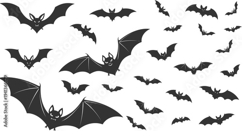 Collection of black bat silhouettes on white background for halloween decor