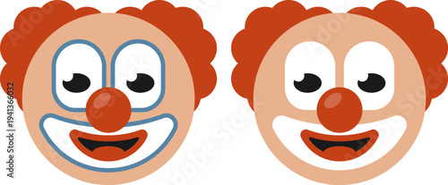 Bright and playful flat vector illustration featuring two smiling clown faces with red noses and orange hair. Colorful cartoon characters isolated on light background, perfect for circus themes, kids