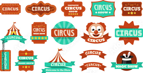 Vintage circus badge and carnival signage collection featuring marquee typography, clown character, magic show elements and big top tent illustrations. Vintage circus badge set. Retro carnival logo
