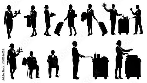Professional Hospitality Staff Silhouettes Performing Various Customer Service Duties - Comprehensive Vector Collection