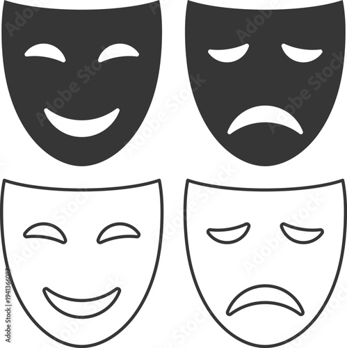 Classic theatrical masks representing comedy and tragedy emotions. Simple black and white vector style icon set perfect for drama clubs, theater posters, performing arts education, stage productions.