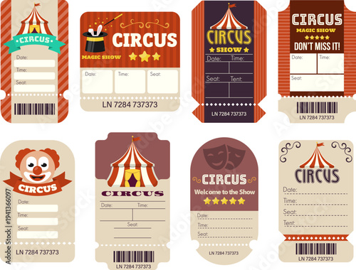 Colorful collection of vintage circus admission tickets with carnival tent, clown and magic show elements. Vintage circus admission ticket vector set. Theatre drama masks symbol.