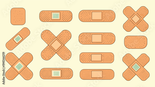 Collection of adhesive bandages in various shapes and sizes including rectangular square and cross shapes for medical wound care on beige.