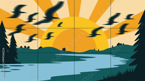 Digital illustration of birds flying over rolling hills and a river at sunrise