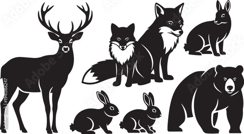 Black silhouettes of forest animals on white background illustration